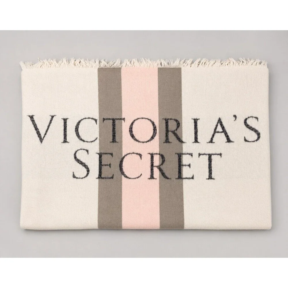 Victoria’s Secret Logo Fringe Throw Blanket Pink Gray Ivory Soft Cozy
